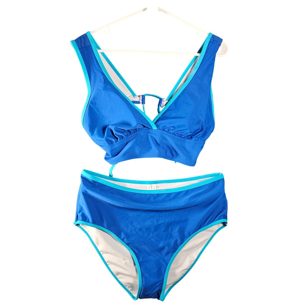 Aqua Couture Womens Blue Contrast Binding Wide Strap Midkini Bikini‎ Set L NEW